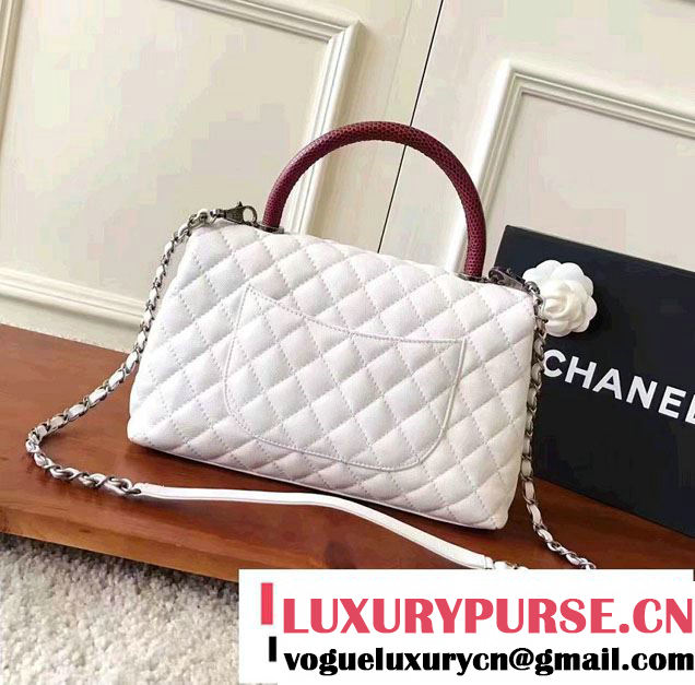 Chanel Coco Top Handle Flap Shoulder Bag Grained Calfskin Lizard Pattern A92991 White/Red 2017