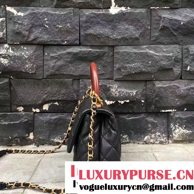 Chanel Coco Top Handle Flap Shoulder Bag Grained Calfskin Lizard Pattern A92991 Black/Red 2017