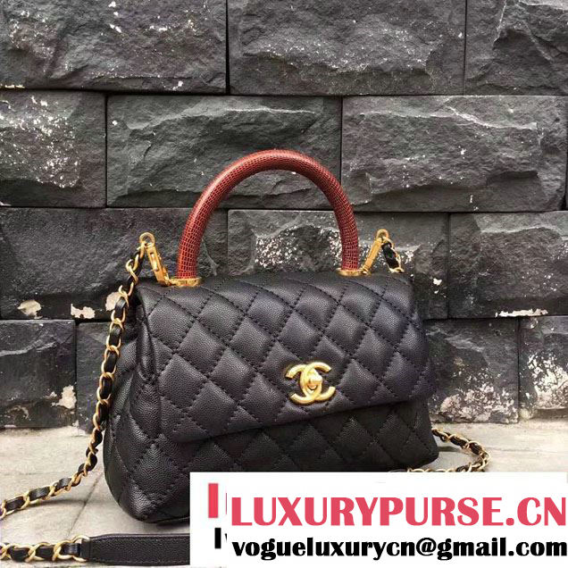 Chanel Coco Top Handle Flap Shoulder Bag Grained Calfskin Lizard Pattern A92991 Black/Red 2017