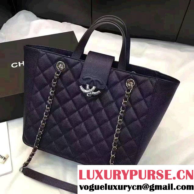 Chanel Grained Calfskin Small Shopping Bag Navy Blue A98664 2017