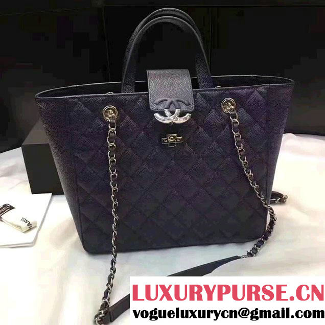 Chanel Grained Calfskin Small Shopping Bag Navy Blue A98664 2017