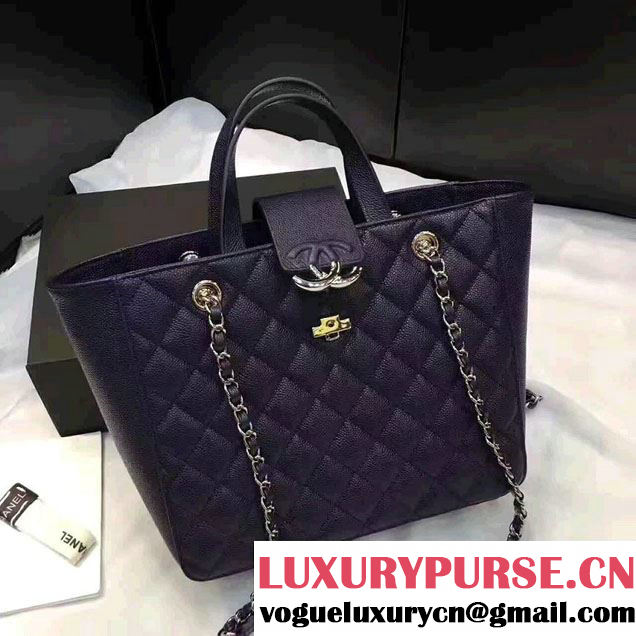 Chanel Grained Calfskin Small Shopping Bag Navy Blue A98664 2017