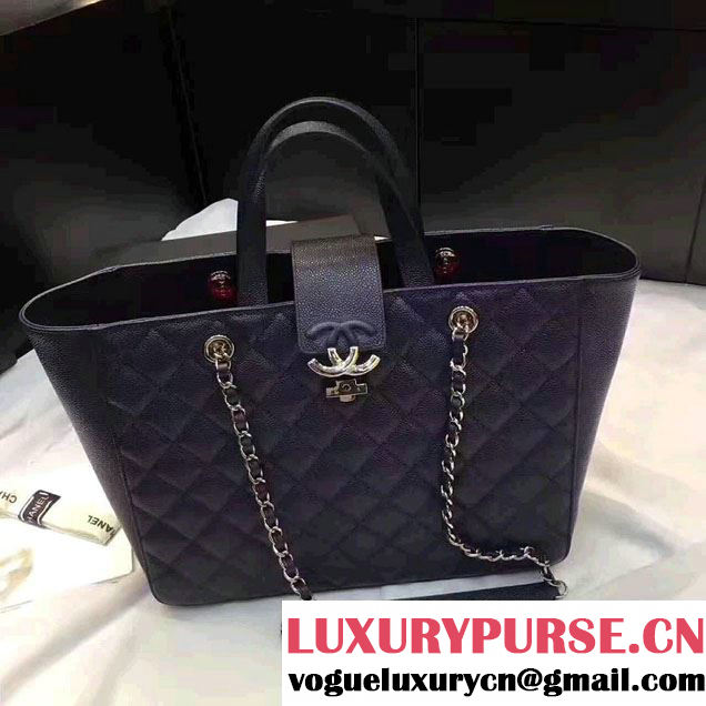 Chanel Grained Calfskin Large Shopping Bag Navy Blue A98665 2017