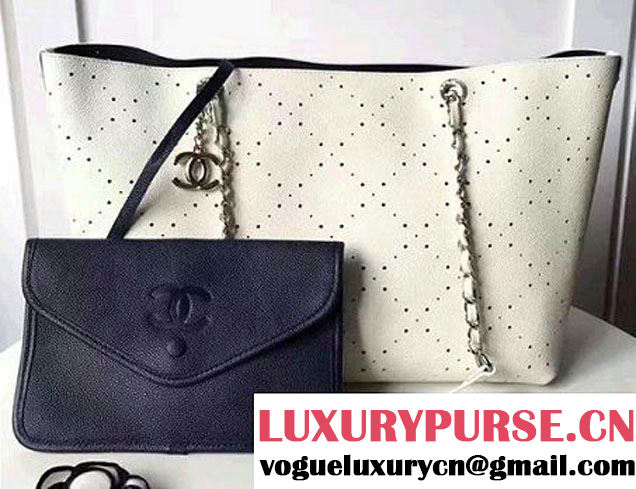 Chanel Grained Calfskin Perforate Design Large Shopping Bag A93261 White 2017
