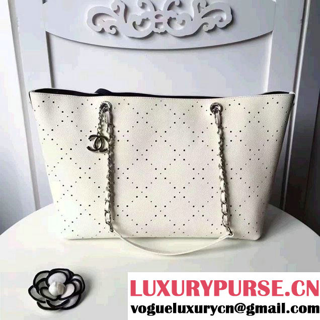 Chanel Grained Calfskin Perforate Design Large Shopping Bag A93261 White 2017