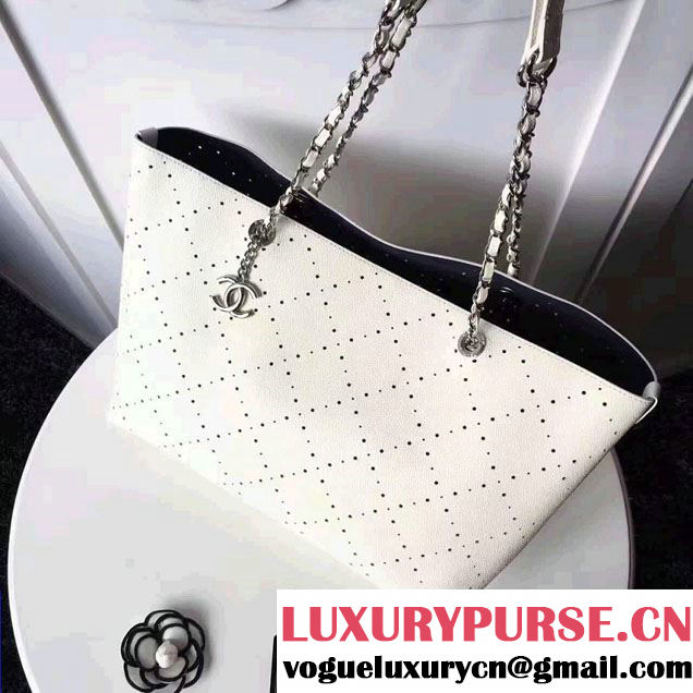 Chanel Grained Calfskin Perforate Design Large Shopping Bag A93261 White 2017
