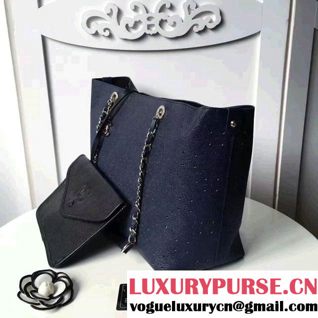 Chanel Grained Calfskin Perforate Design Large Shopping Bag A93261 Dark Blue 2017