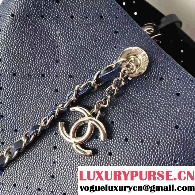 Chanel Grained Calfskin Perforate Design Large Shopping Bag A93261 Dark Blue 2017
