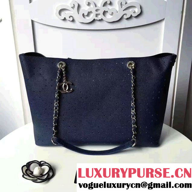Chanel Grained Calfskin Perforate Design Large Shopping Bag A93261 Dark Blue 2017