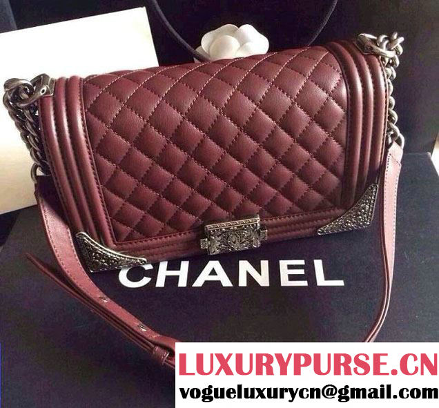 Chanel Purplish Red Boy with Silver Embellished Bag - Prefall 2014