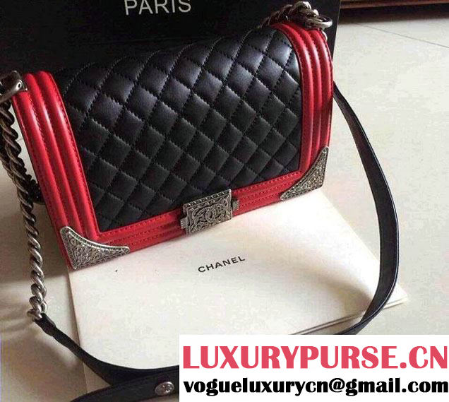 Chanel Boy with Silver Embellished Bag in Black with Red 2014