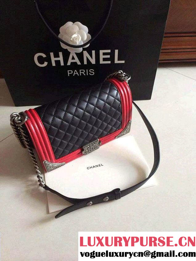 Chanel Boy with Silver Embellished Bag in Black with Red 2014