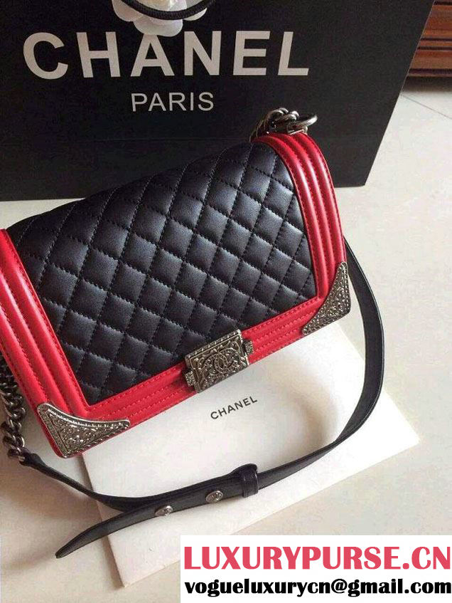 Chanel Boy with Silver Embellished Bag in Black with Red 2014
