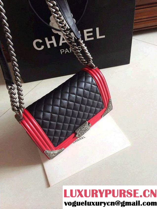Chanel Boy with Silver Embellished Bag in Black with Red 2014