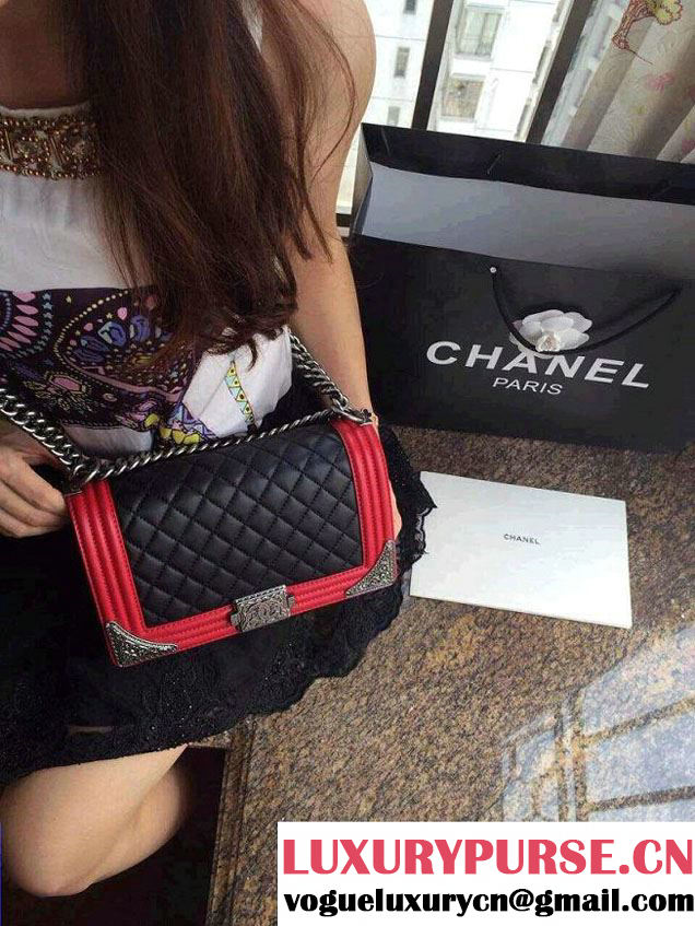 Chanel Boy with Silver Embellished Bag in Black with Red 2014