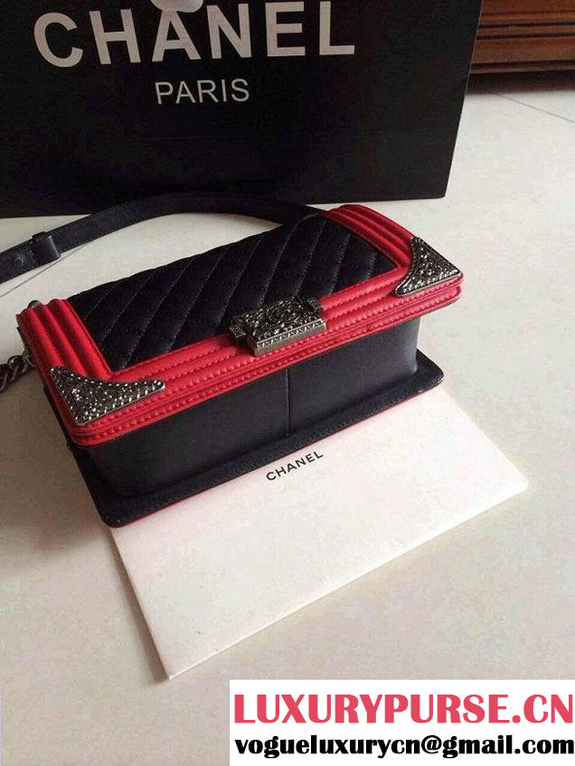 Chanel Boy with Silver Embellished Bag in Black with Red 2014