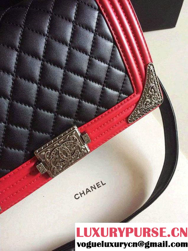 Chanel Boy with Silver Embellished Bag in Black with Red 2014