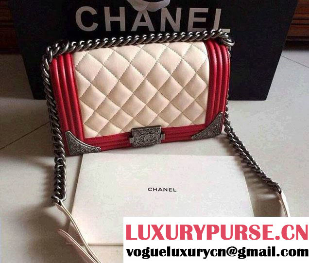 Chanel Boy with Silver Embellished Bag in White with Red 2014