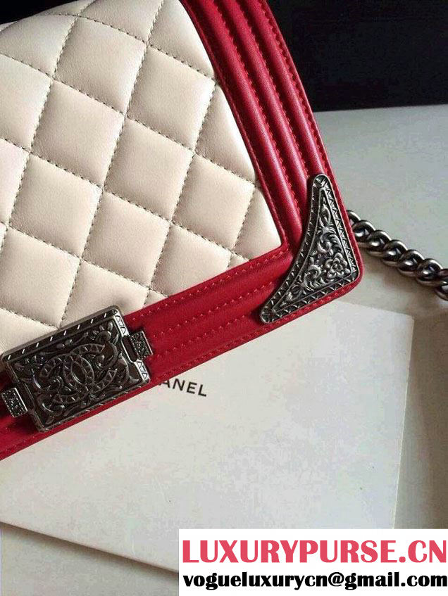 Chanel Boy with Silver Embellished Bag in White with Red 2014