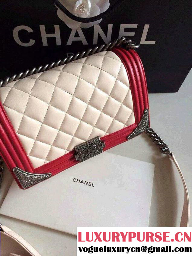 Chanel Boy with Silver Embellished Bag in White with Red 2014