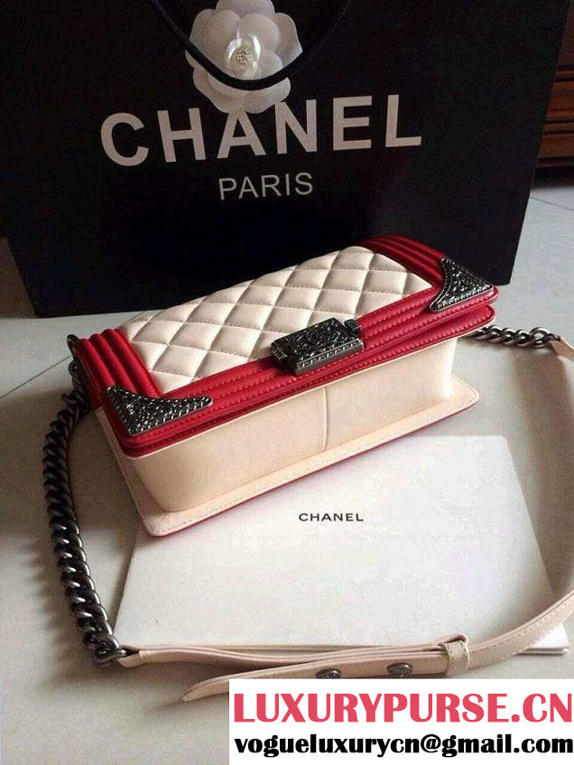 Chanel Boy with Silver Embellished Bag in White with Red 2014