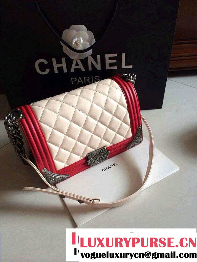 Chanel Boy with Silver Embellished Bag in White with Red 2014