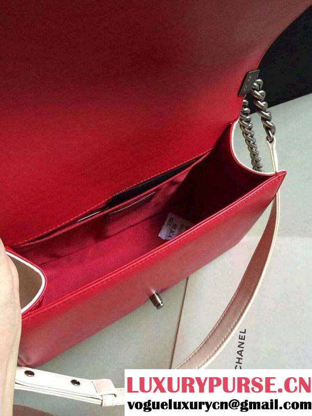 Chanel Boy with Silver Embellished Bag in White with Red 2014