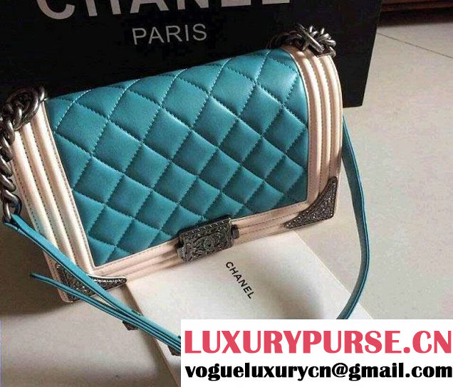 Chanel Boy with Silver Embellished Bag in Turquoise with White 2014