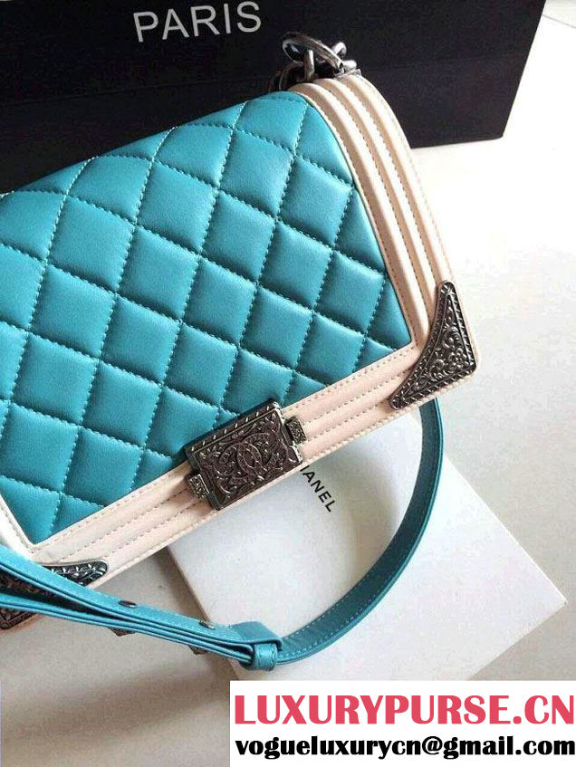 Chanel Boy with Silver Embellished Bag in Turquoise with White 2014