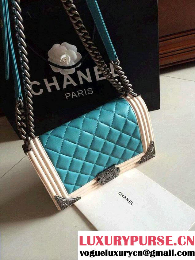 Chanel Boy with Silver Embellished Bag in Turquoise with White 2014