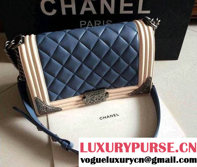 Chanel Boy with Silver Embellished Bag in Blue with White 2014