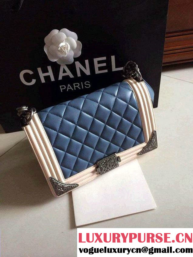 Chanel Boy with Silver Embellished Bag in Blue with White 2014