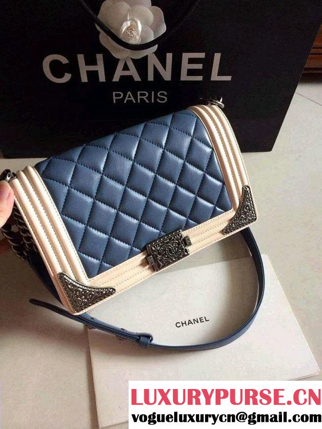 Chanel Boy with Silver Embellished Bag in Blue with White 2014