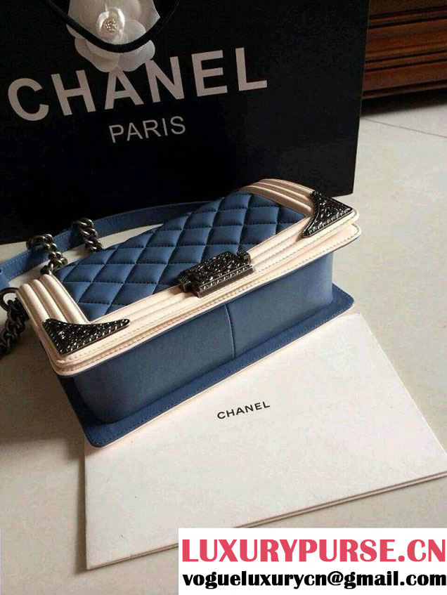 Chanel Boy with Silver Embellished Bag in Blue with White 2014