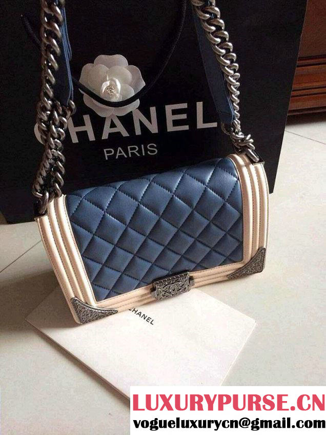 Chanel Boy with Silver Embellished Bag in Blue with White 2014