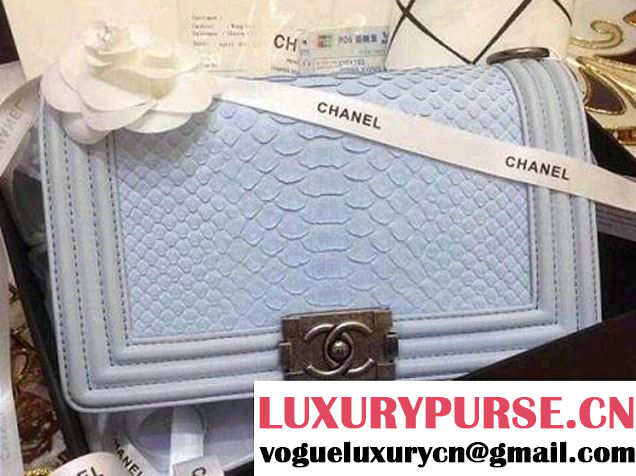 Chanel Le Boy Flap Bag in Python Leather Pale Blue