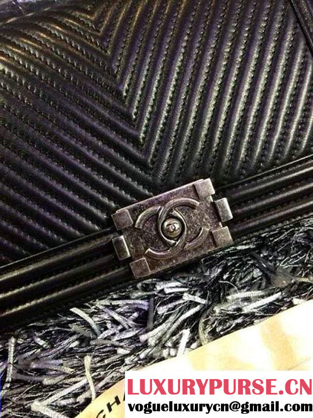 Chanel Boy Flap Bag With Herringbone Chevron Stitiching in Black - Fall 2014