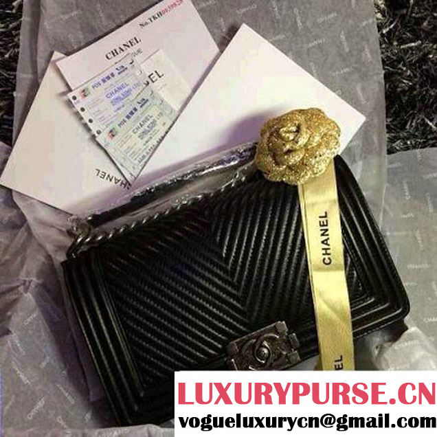 Chanel Boy Flap Bag With Herringbone Chevron Stitiching in Black - Fall 2014