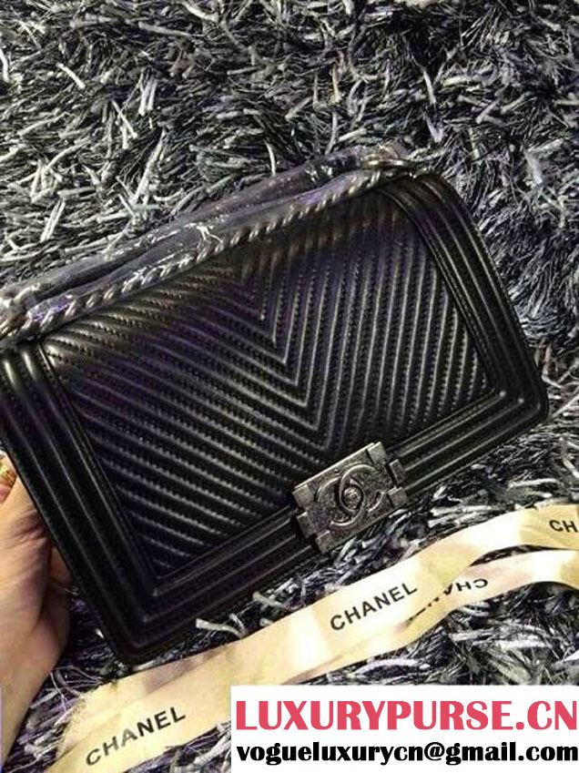 Chanel Boy Flap Bag With Herringbone Chevron Stitiching in Black - Fall 2014