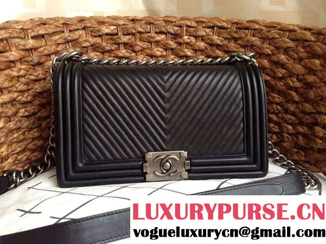 Chanel Boy Flap Bag With Herringbone Chevron Stitiching in Black - Fall 2014