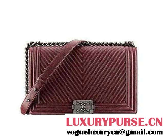 Chanel Boy Flap Bag With Herringbone Chevron Stitiching in Oxblood - Fall 2014
