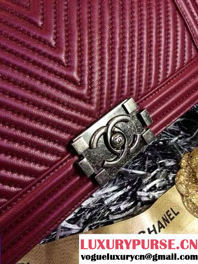Chanel Boy Flap Bag With Herringbone Chevron Stitiching in Oxblood - Fall 2014