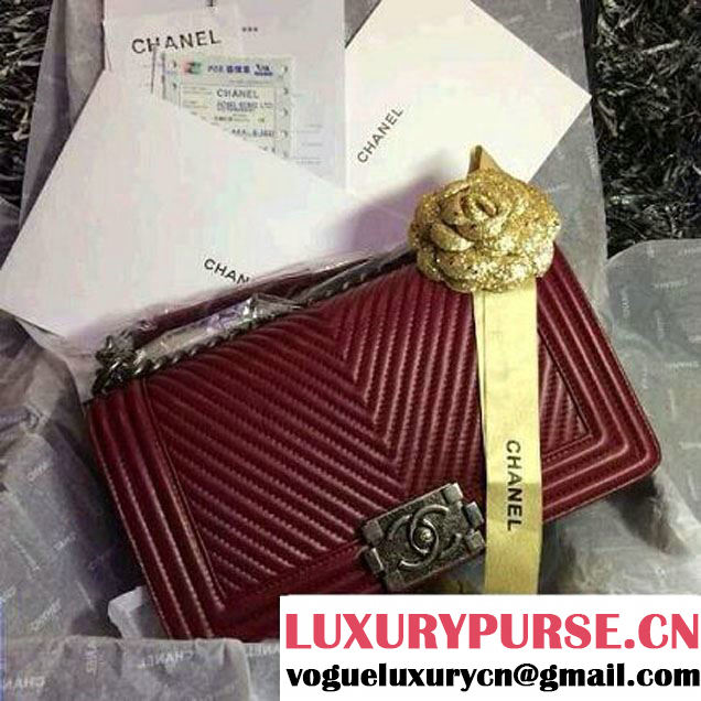 Chanel Boy Flap Bag With Herringbone Chevron Stitiching in Oxblood - Fall 2014