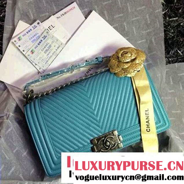 Chanel Boy Flap Bag With Herringbone Chevron Stitiching in Turquoise - Fall 2014