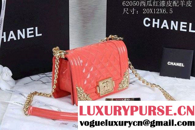 Chanel Boy Patent Leather with Golden Embellished Bag in Red 2014