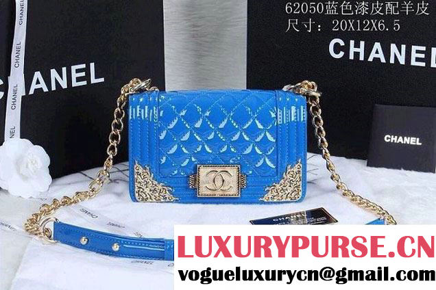 Chanel Boy Patent Leather with Golden Embellished Bag in Blue 2014