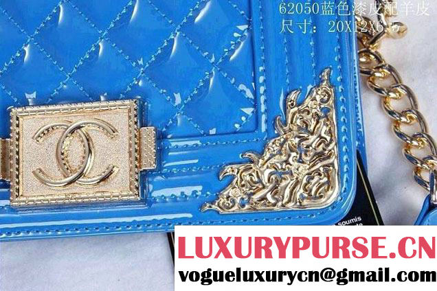 Chanel Boy Patent Leather with Golden Embellished Bag in Blue 2014