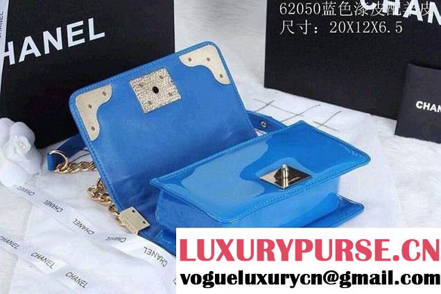 Chanel Boy Patent Leather with Golden Embellished Bag in Blue 2014