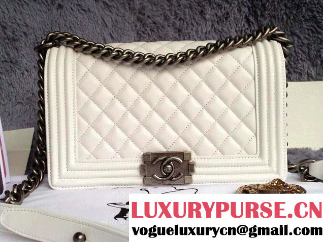 Chanel Boy Patent Leather with Silver Embellished Bag in White 2014