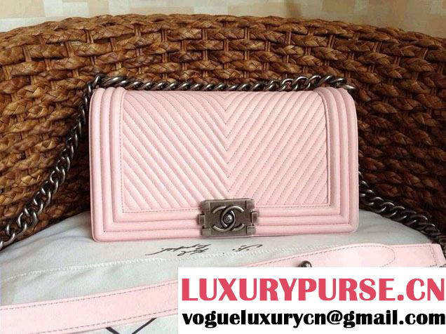 Chanel Boy Flap Bag With Herringbone Chevron Stitiching in Pink - Fall 2014